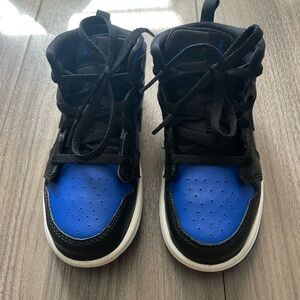 Kids Jordan 1 Mid Black/Hyper Royal-White + Blue. Size 10c